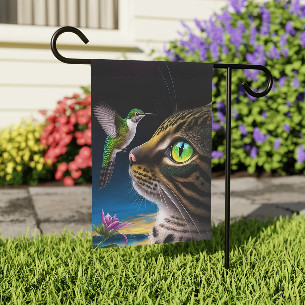 Striped Cat and Hummingbird Garden Flag - outdoor display - Dragonfire Gardens