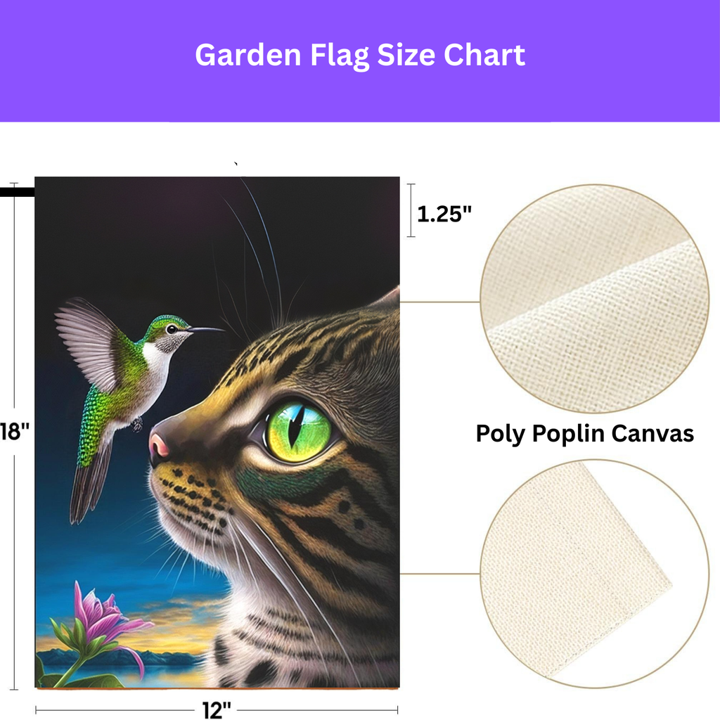 Striped Cat and Hummingbird Garden Flag - yard display - Dragonfire Gardens