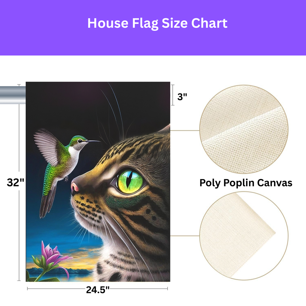 Striped Cat and Hummingbird Garden Flag - porch decor - Dragonfire Gardens