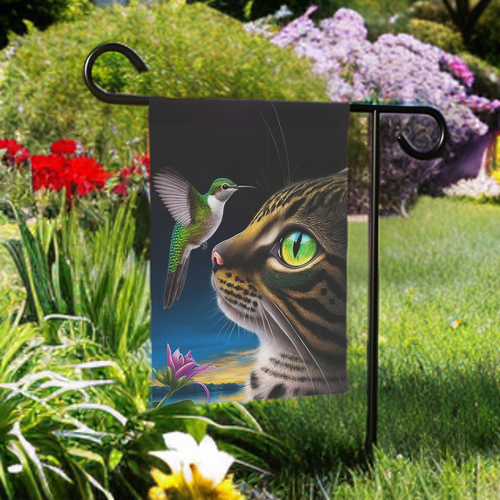 Striped Cat and Hummingbird Garden Flag - size comparison - Dragonfire Gardens