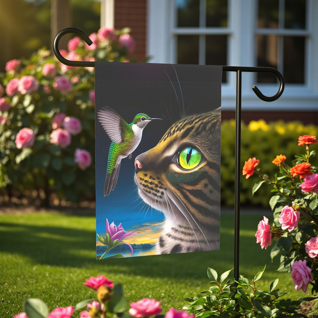 Striped Cat and Hummingbird Garden Flag - front view - Dragonfire Gardens