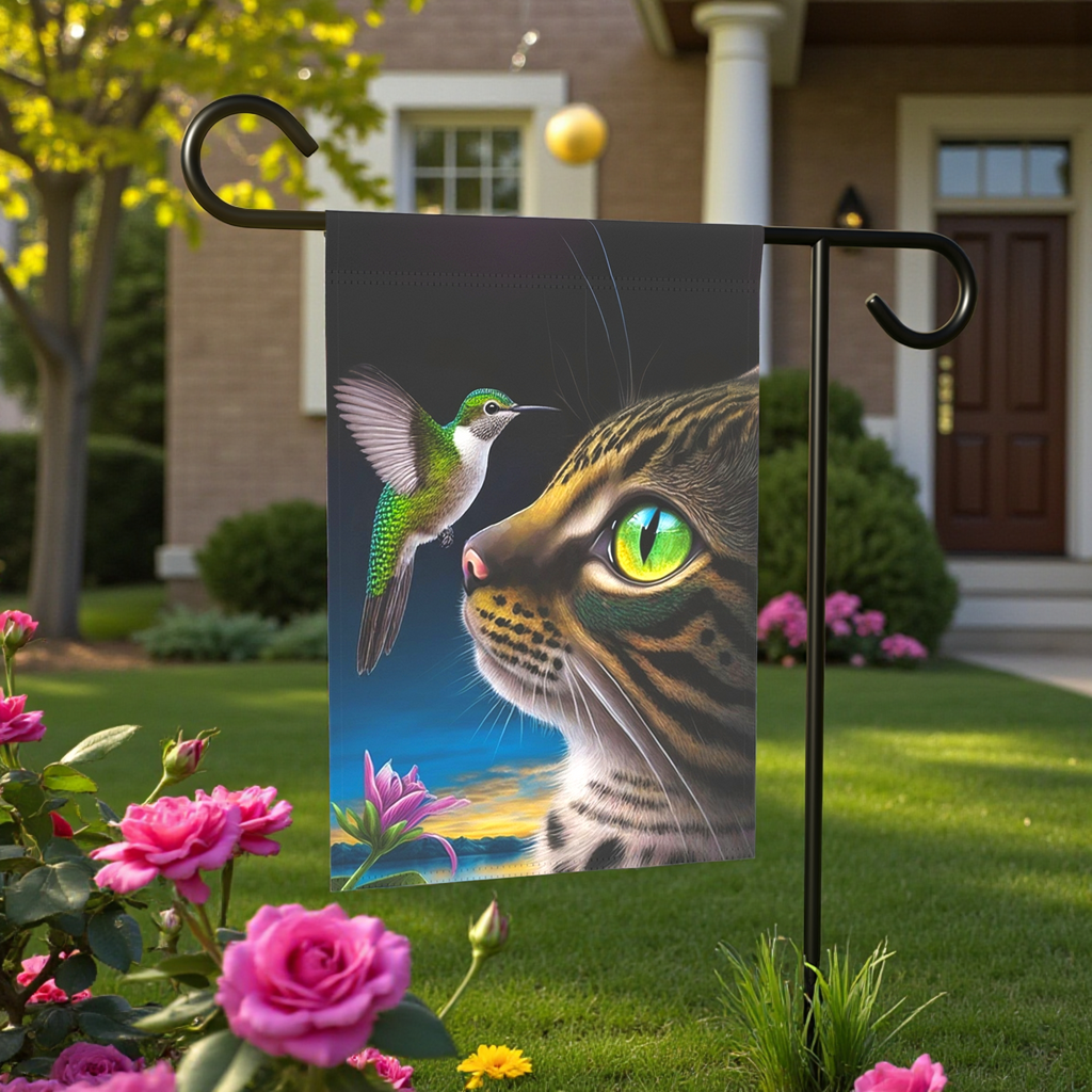 Striped Cat and Hummingbird Garden Flag - lifestyle display - Dragonfire Gardens