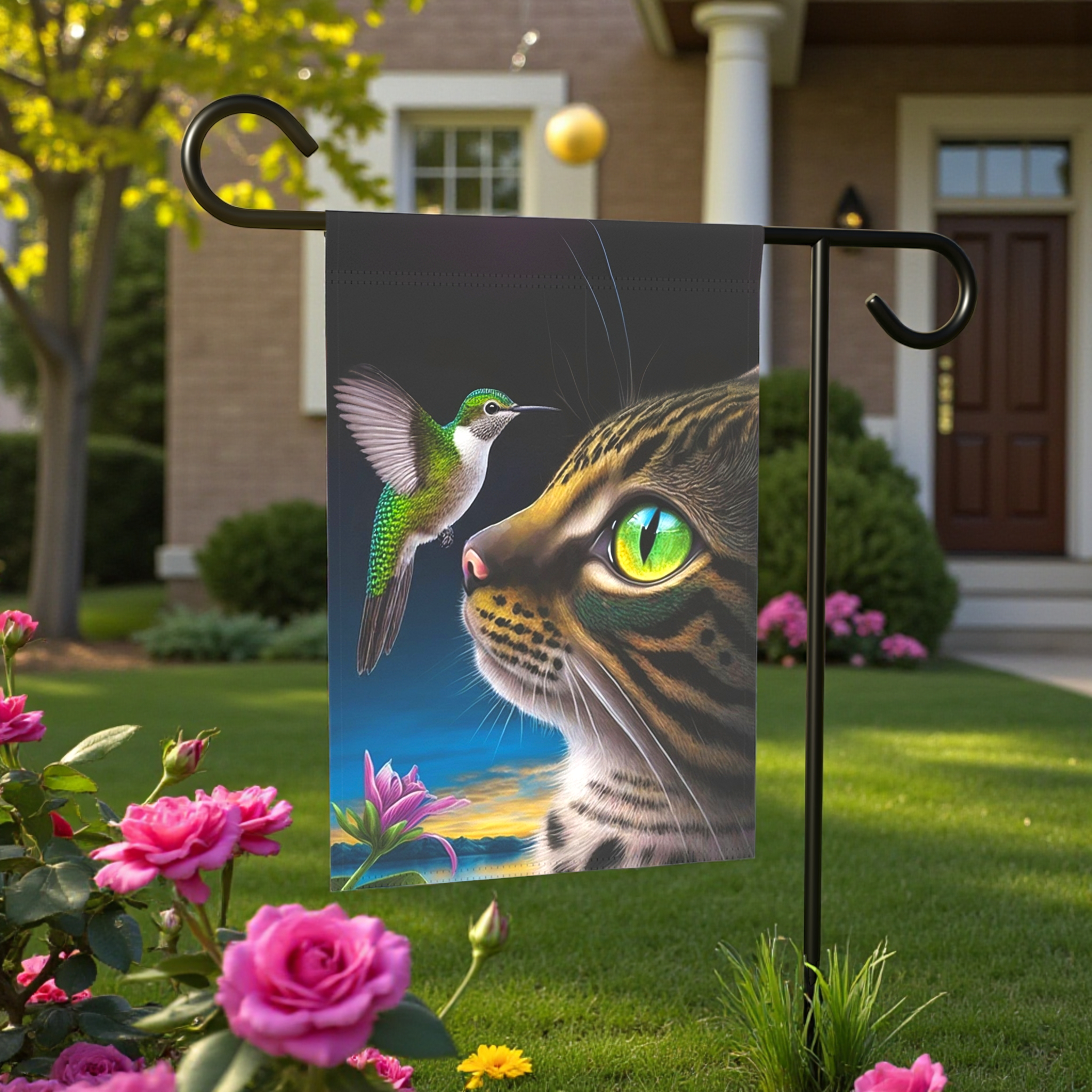 Striped Cat and Hummingbird Garden Flag - lifestyle display - Dragonfire Gardens