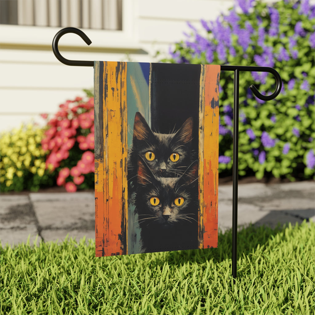 Two Yellow Eye Black Cats Garden Flag - outdoor display - Dragonfire Gardens