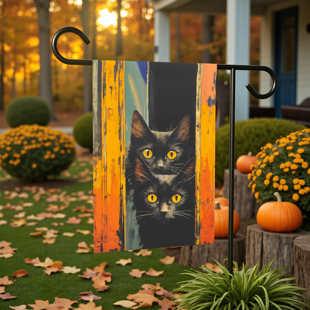 Two Yellow Eye Black Cats Garden Flag - size comparison - Dragonfire Gardens