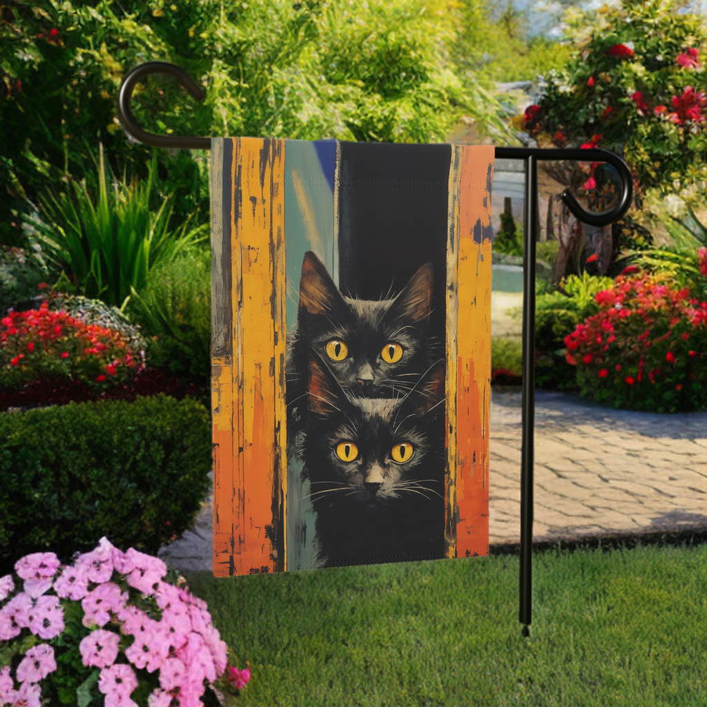 Two Yellow Eye Black Cats Garden Flag - lifestyle display - Dragonfire Gardens