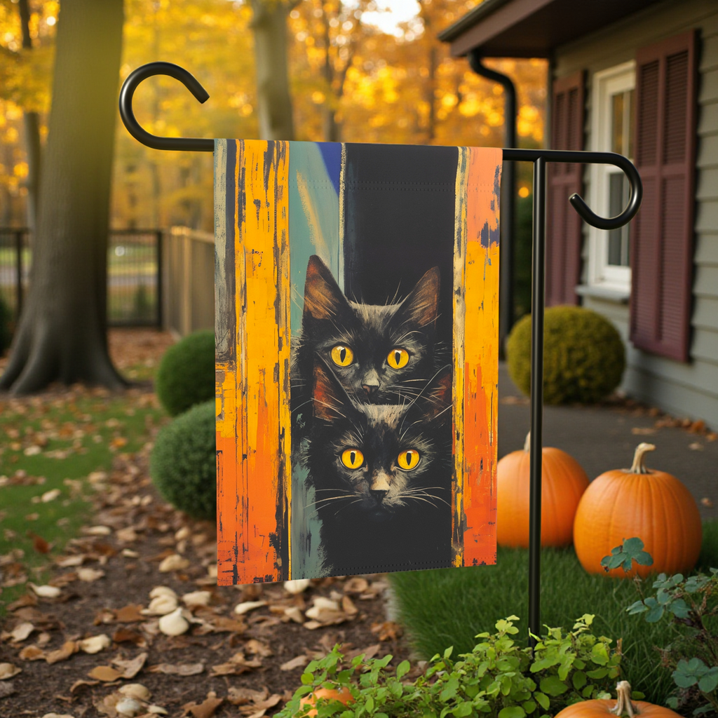 Two Yellow Eye Black Cats Garden Flag - front view - Dragonfire Gardens