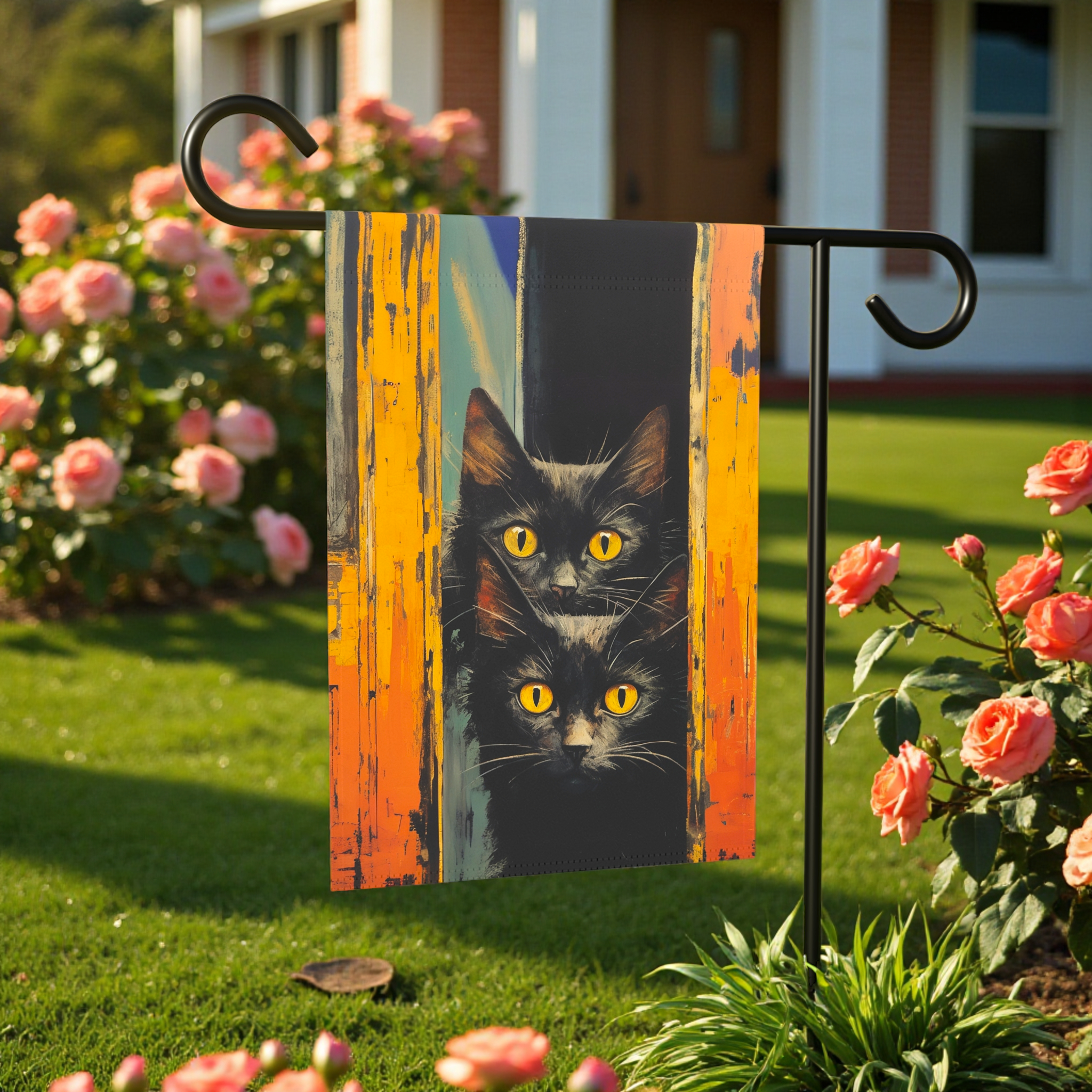 Two Yellow Eye Black Cats Garden Flag - product detail - Dragonfire Gardens