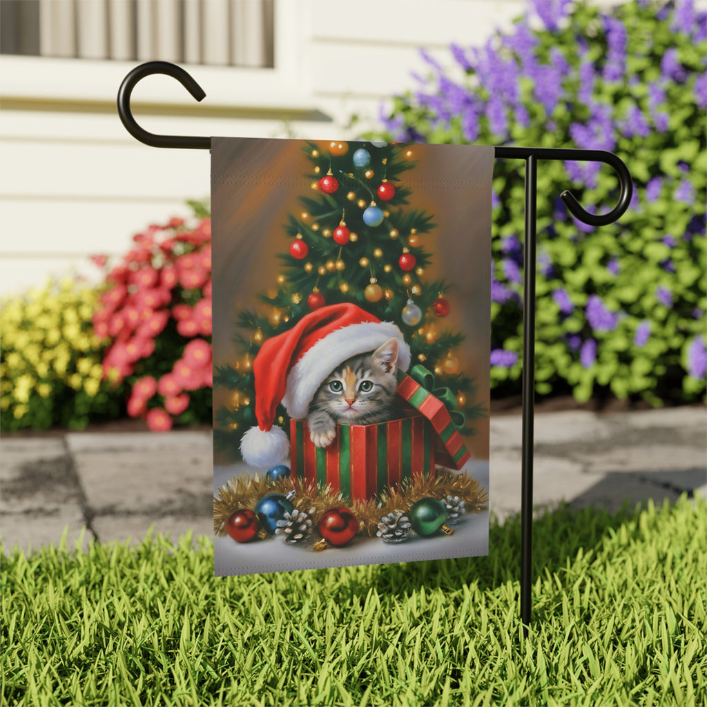 Christmas Present Kitten Garden Flag - outdoor display - Dragonfire Gardens