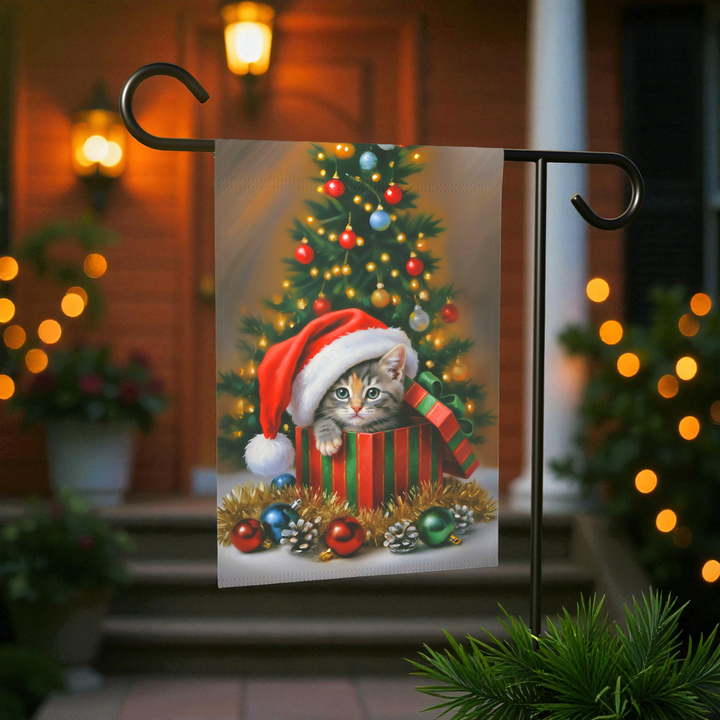 Christmas Present Kitten Garden Flag - front view - Dragonfire Gardens