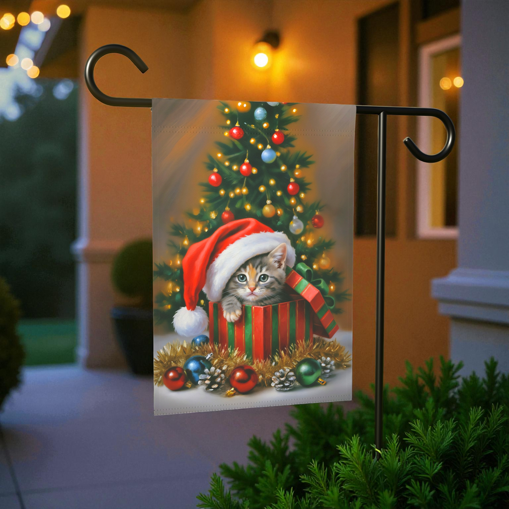 Christmas Present Kitten Garden Flag - size comparison - Dragonfire Gardens