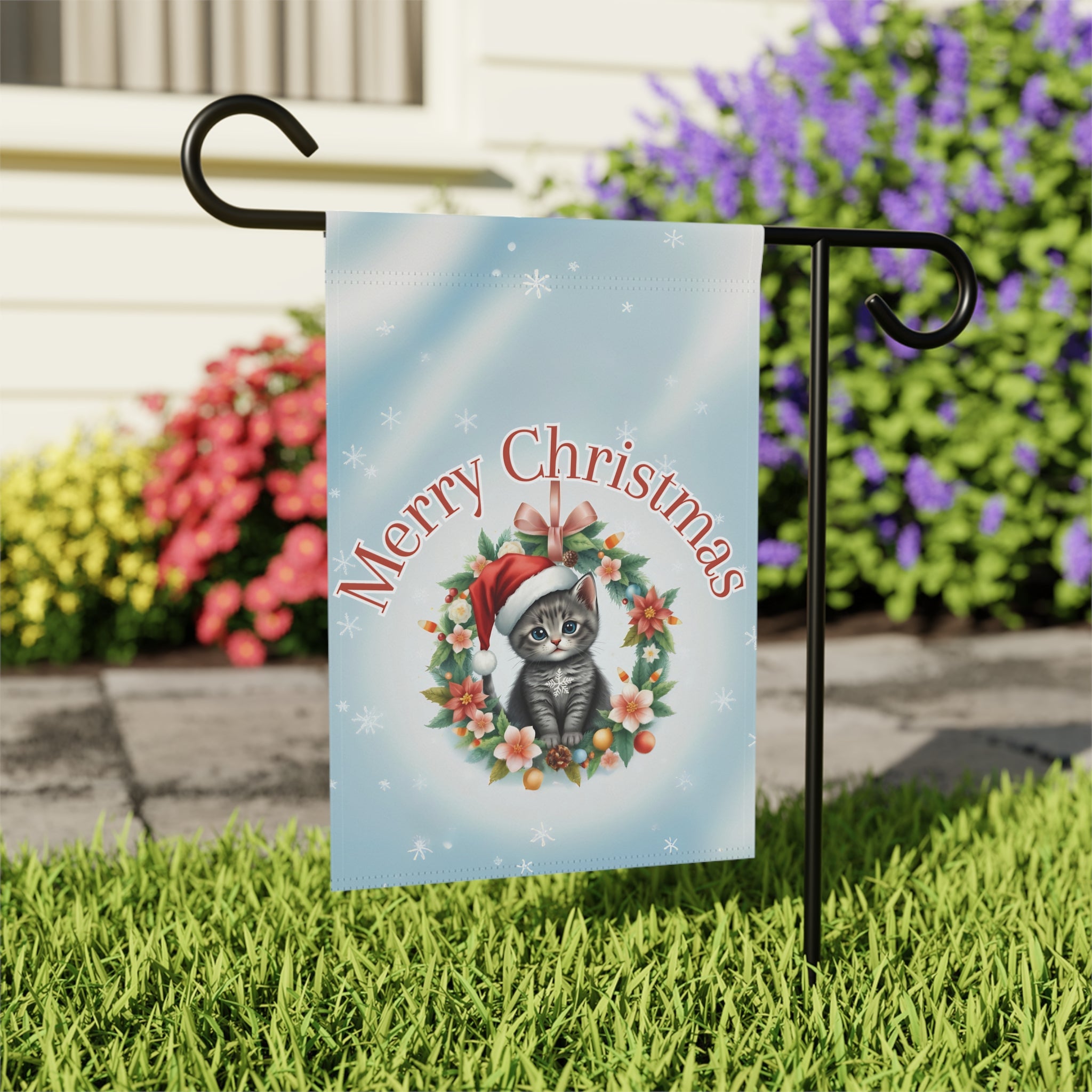 Merry Christmas Cat Wreath Garden Flag