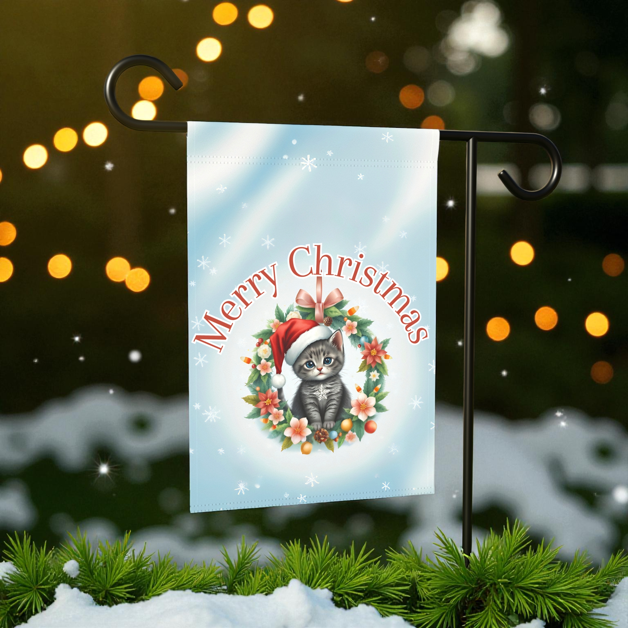 Merry Christmas Cat Wreath Garden Flag