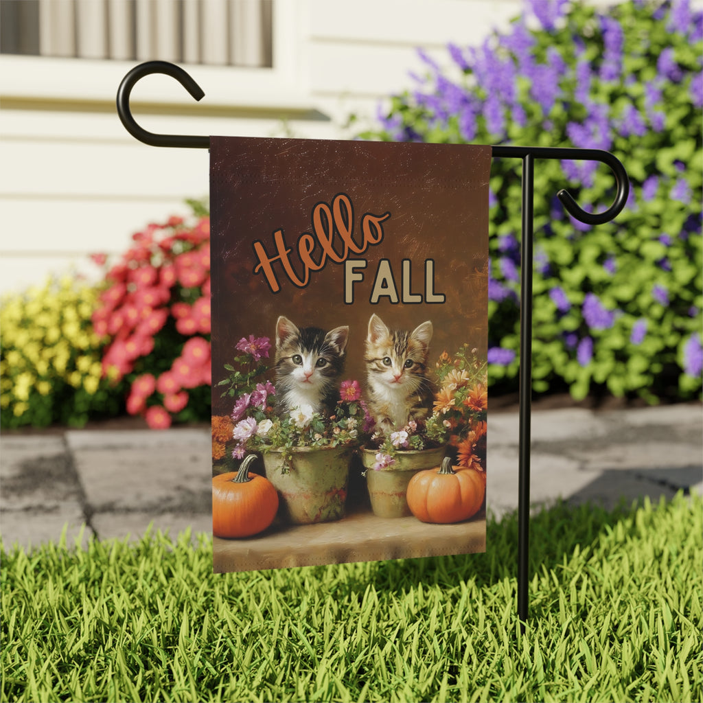 Hello Fall Autumn Kittens in Pots Garden Flag - outdoor display - Dragonfire Gardens