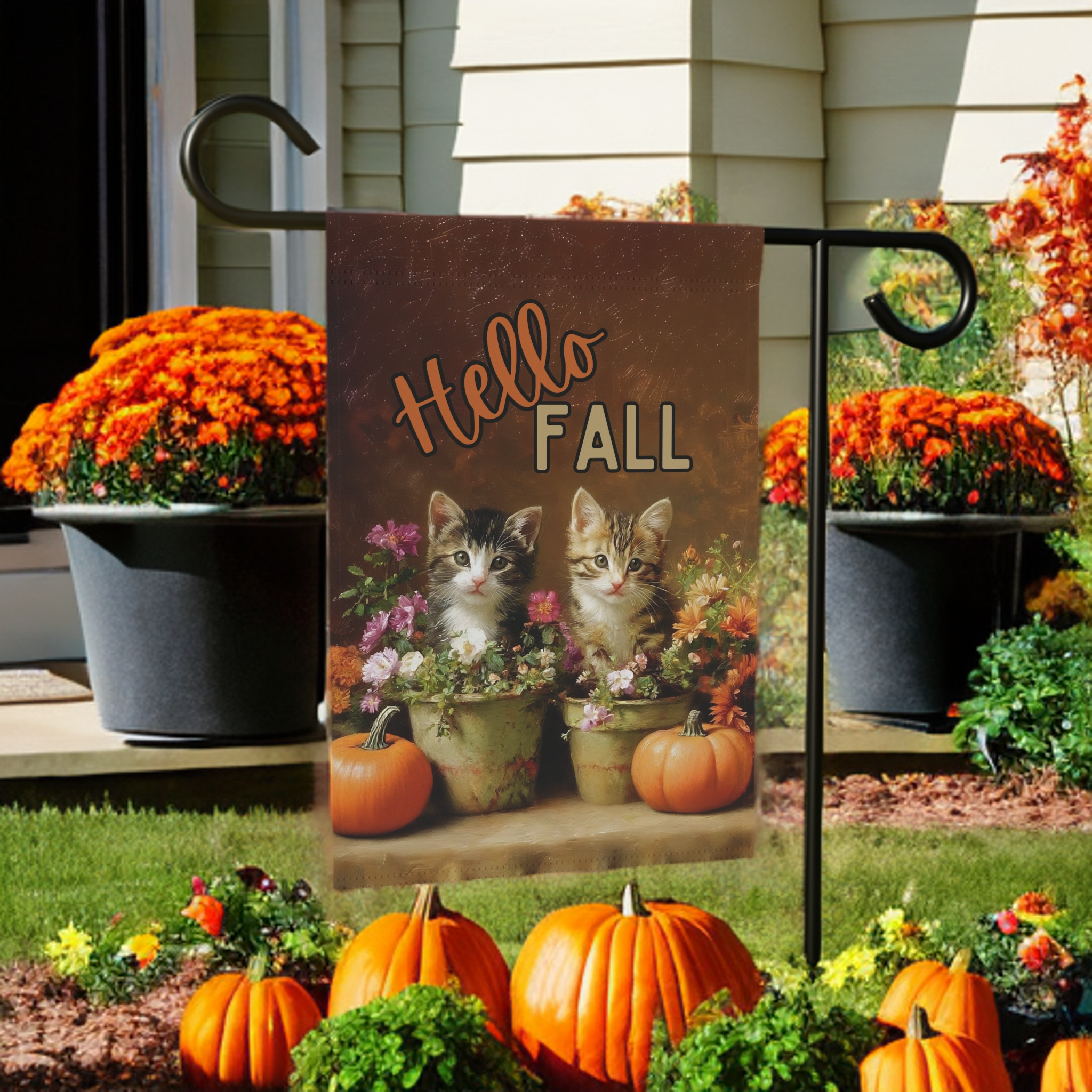 Hello Fall Autumn Kittens in Pots Garden Flag - banner view - Dragonfire Gardens