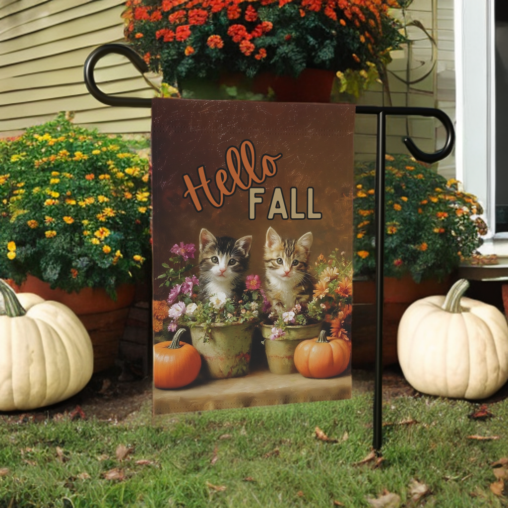 Hello Fall Autumn Kittens in Pots Garden Flag - size comparison - Dragonfire Gardens