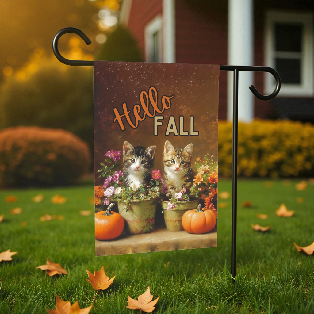 Hello Fall Autumn Kittens in Pots Garden Flag - product detail - Dragonfire Gardens
