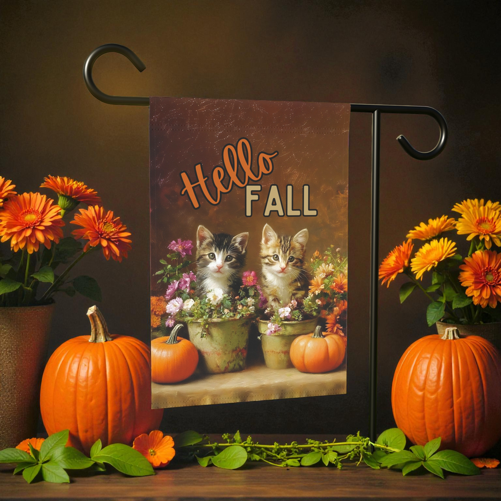 Hello Fall Autumn Kittens in Pots Garden Flag - front view - Dragonfire Gardens