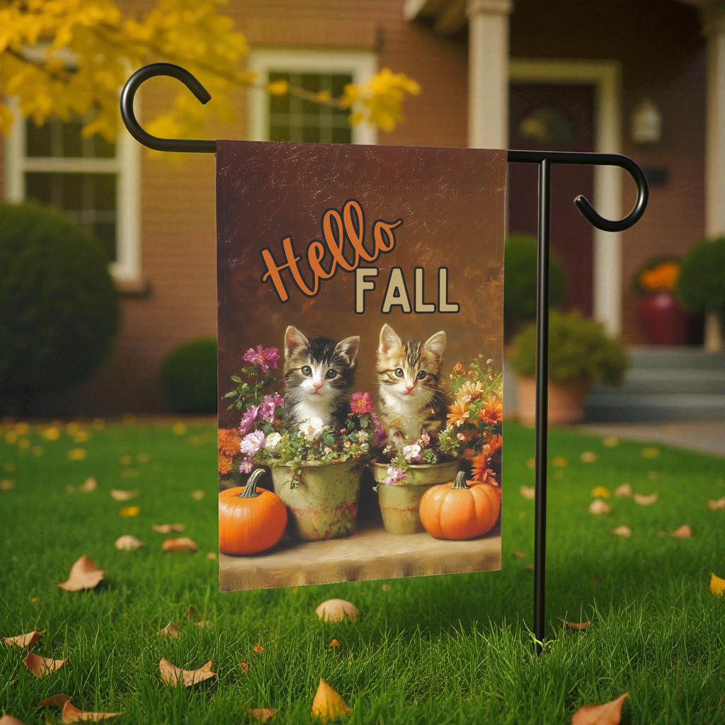 Hello Fall Autumn Kittens in Pots Garden Flag - lifestyle display - Dragonfire Gardens