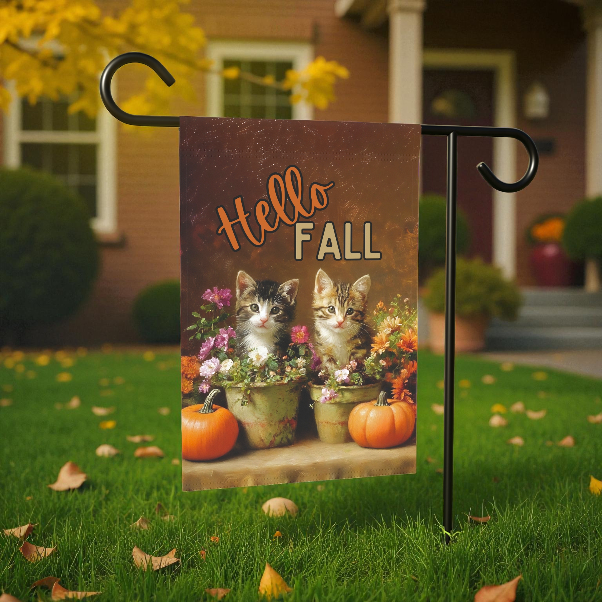 Hello Fall Autumn Kittens in Pots Garden Flag - lifestyle display - Dragonfire Gardens