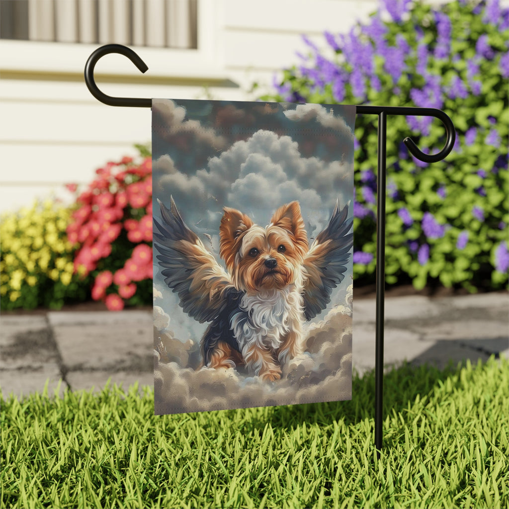 Yorkie Angel Garden Flag - outdoor display - Dragonfire Gardens