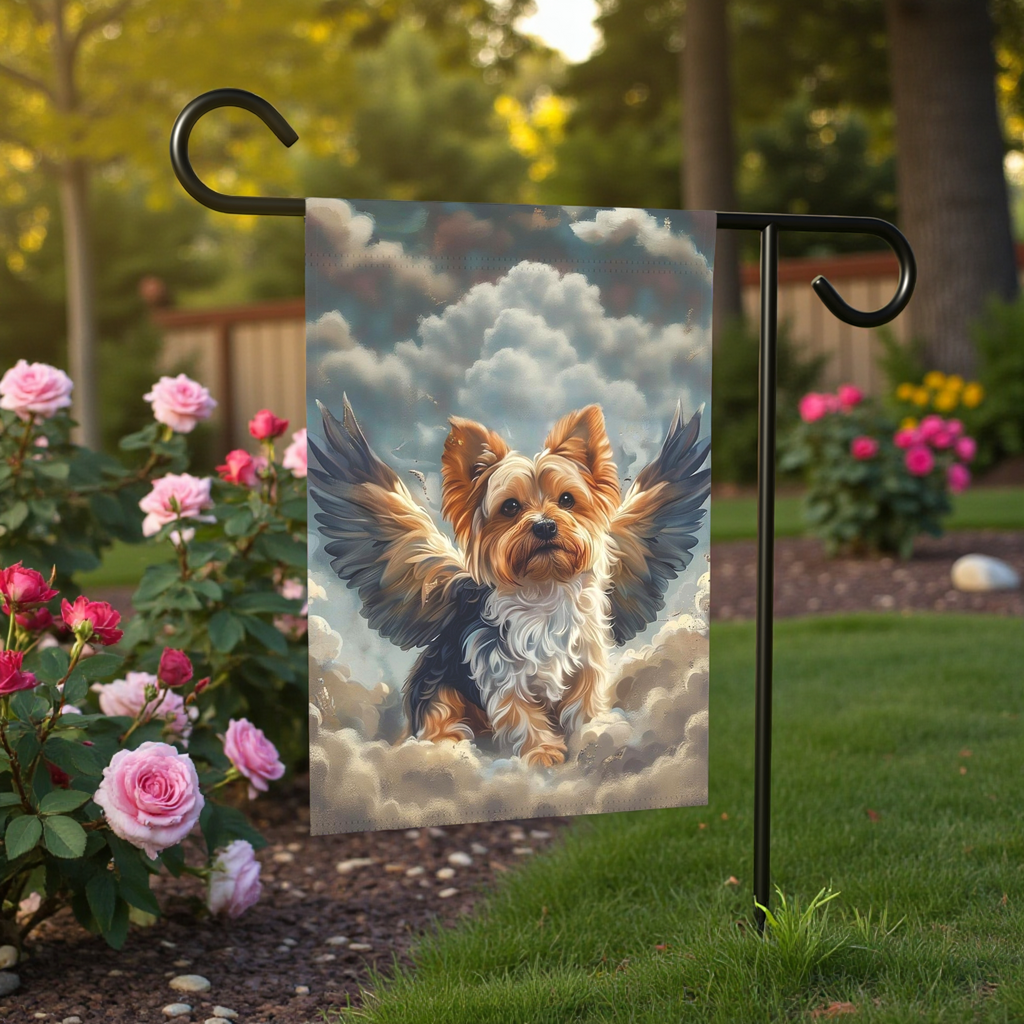 Yorkie Angel Garden Flag - size comparison - Dragonfire Gardens