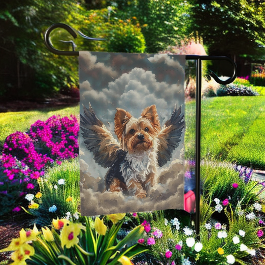 Yorkie Angel Garden Flag - lifestyle display - Dragonfire Gardens