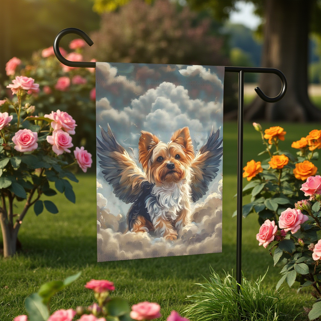 Yorkie Angel Garden Flag - front view - Dragonfire Gardens