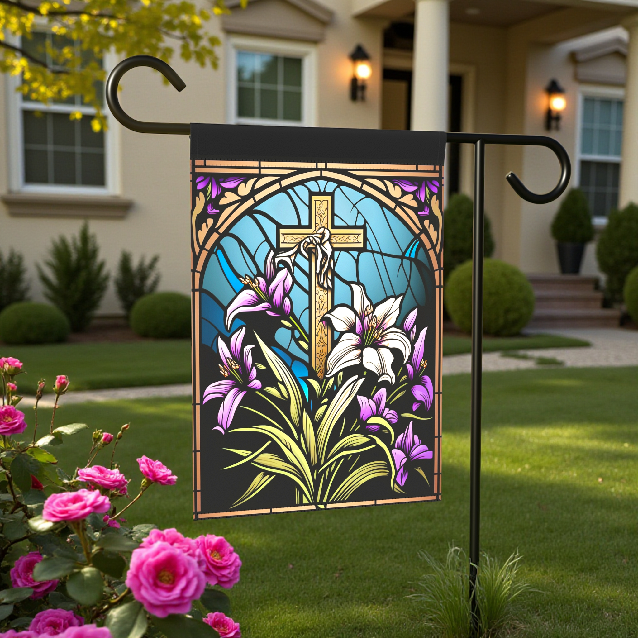 Abstract Cross And Lilies Easter Garden Flag
