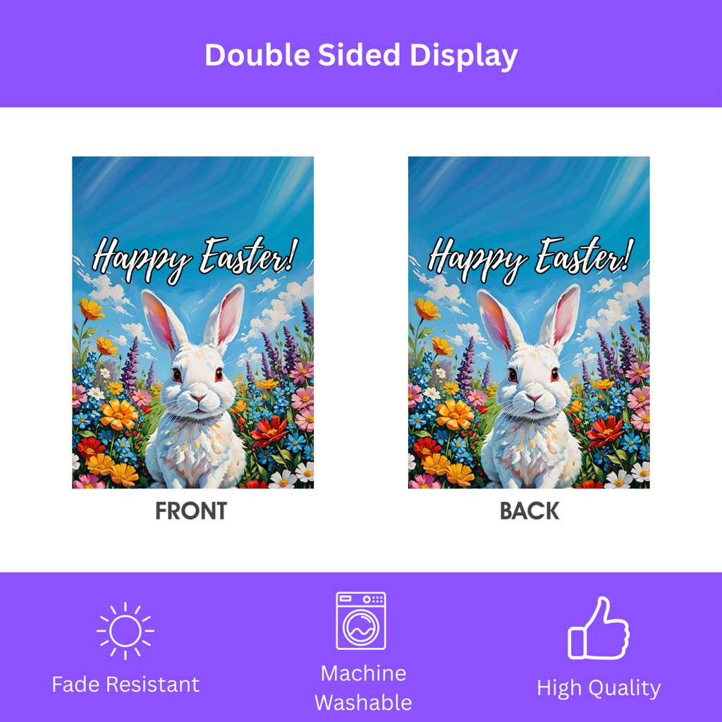 Happy Easter White Bunny and Flowers Garden Flag