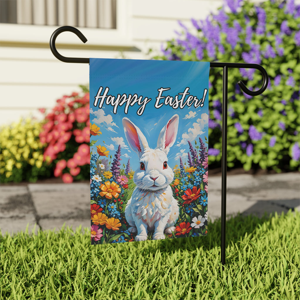 Happy Easter White Bunny and Flowers Garden Flag