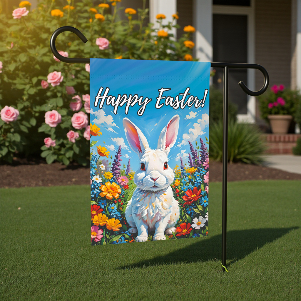 Happy Easter White Bunny and Flowers Garden Flag