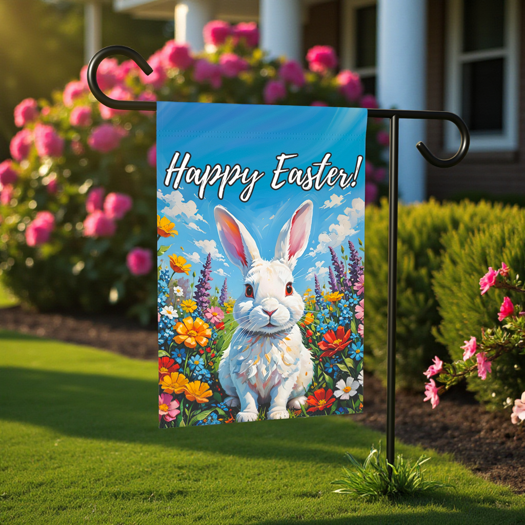 Happy Easter White Bunny and Flowers Garden Flag