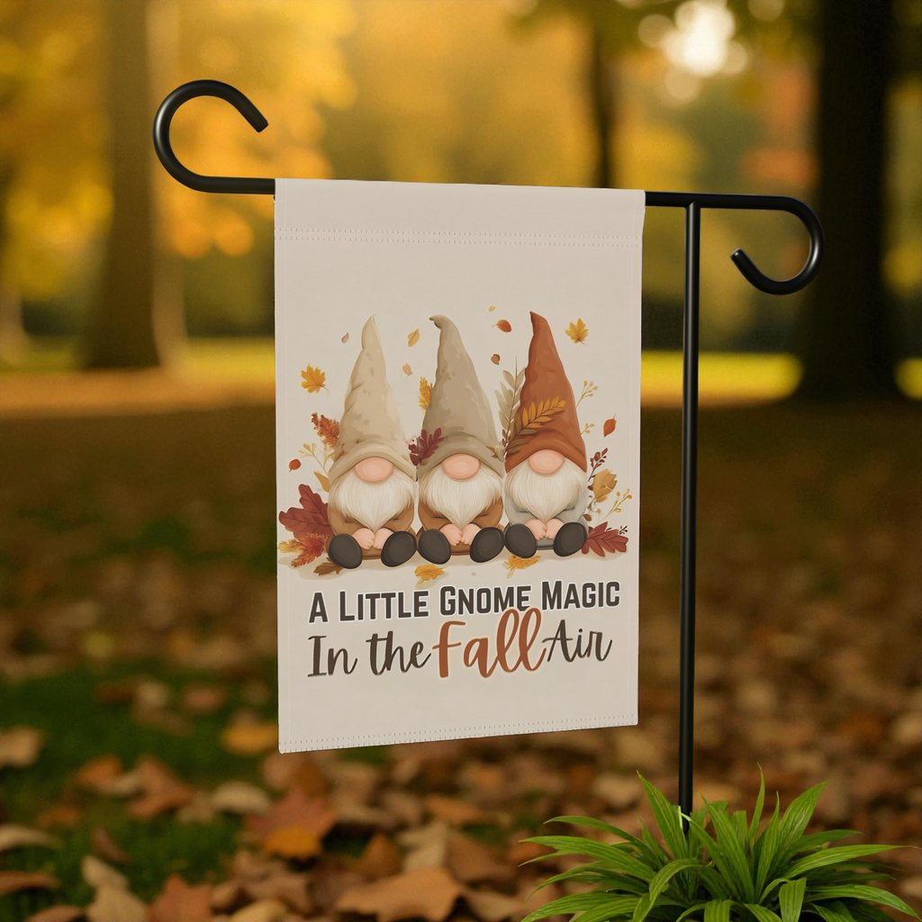 A Little Gnome Magic Fall Garden Flag - size comparison - Dragonfire Gardens