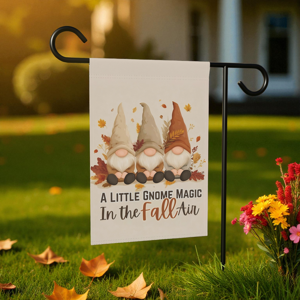A Little Gnome Magic Fall Garden Flag - front view - Dragonfire Gardens