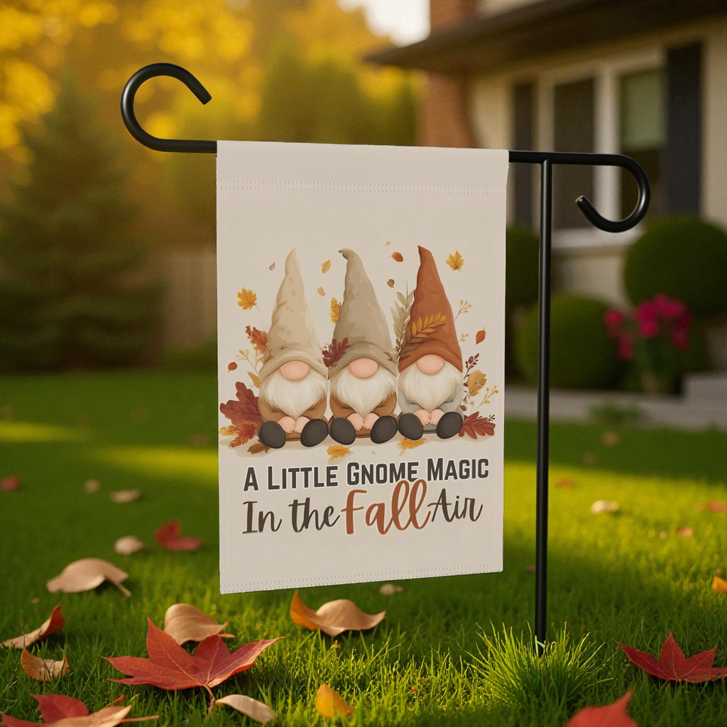 A Little Gnome Magic Fall Garden Flag - lifestyle display - Dragonfire Gardens