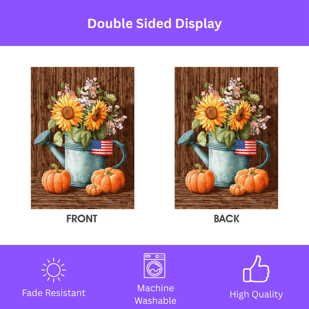 American Flag Fall Sunflower Watering Can Garden Flag - double-sided design - Dragonfire Gardens