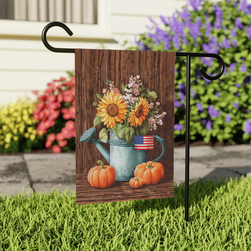 American Flag Fall Sunflower Watering Can Garden Flag - outdoor display - Dragonfire Gardens
