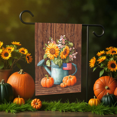 American Flag Fall Sunflower Watering Can Garden Flag - front view - Dragonfire Gardens