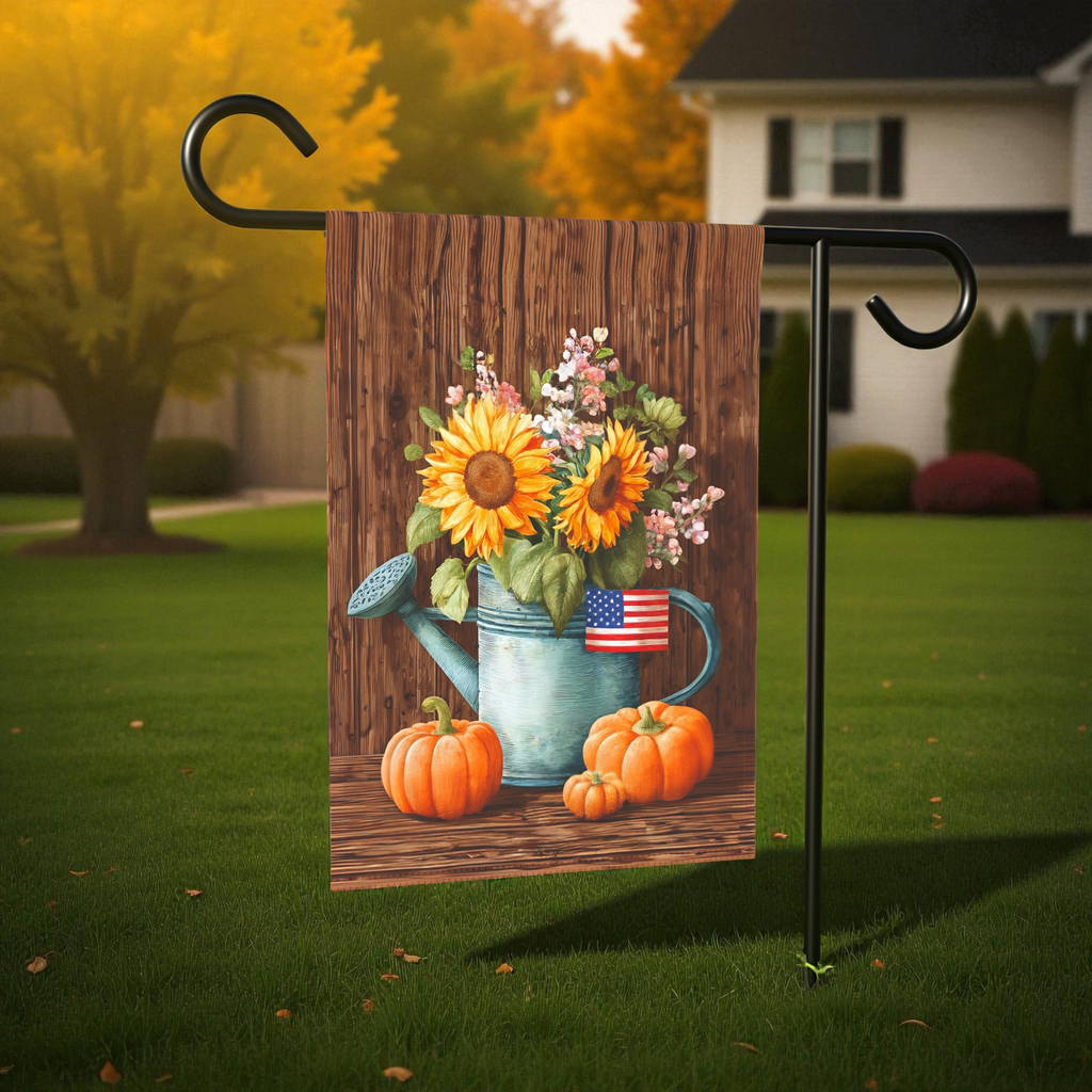 American Flag Fall Sunflower Watering Can Garden Flag - size comparison - Dragonfire Gardens