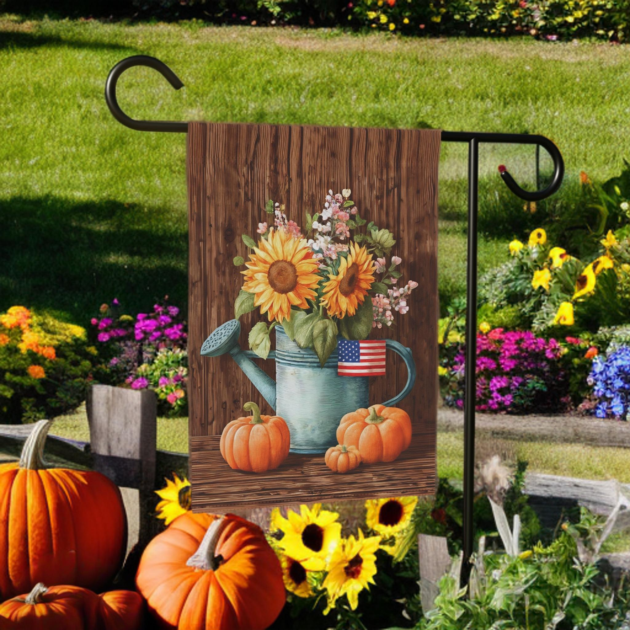 American Flag Fall Sunflower Watering Can Garden Flag - lifestyle display - Dragonfire Gardens