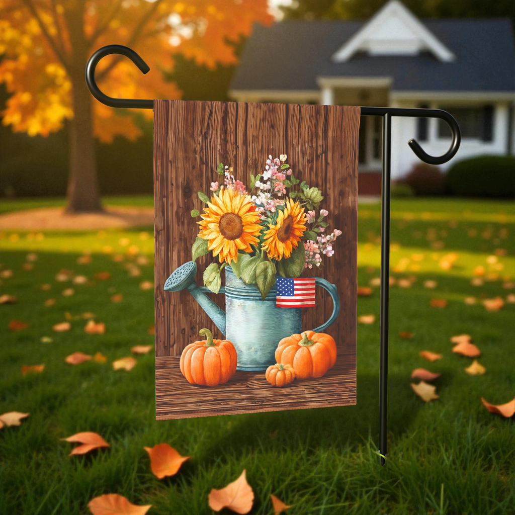 American Flag Fall Sunflower Watering Can Garden Flag - product detail - Dragonfire Gardens
