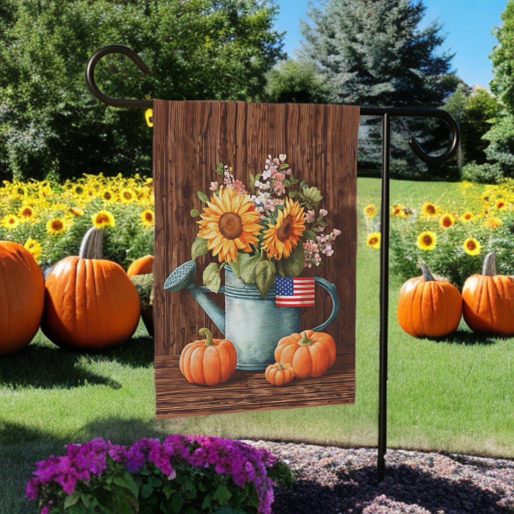 American Flag Fall Sunflower Watering Can Garden Flag - banner view - Dragonfire Gardens