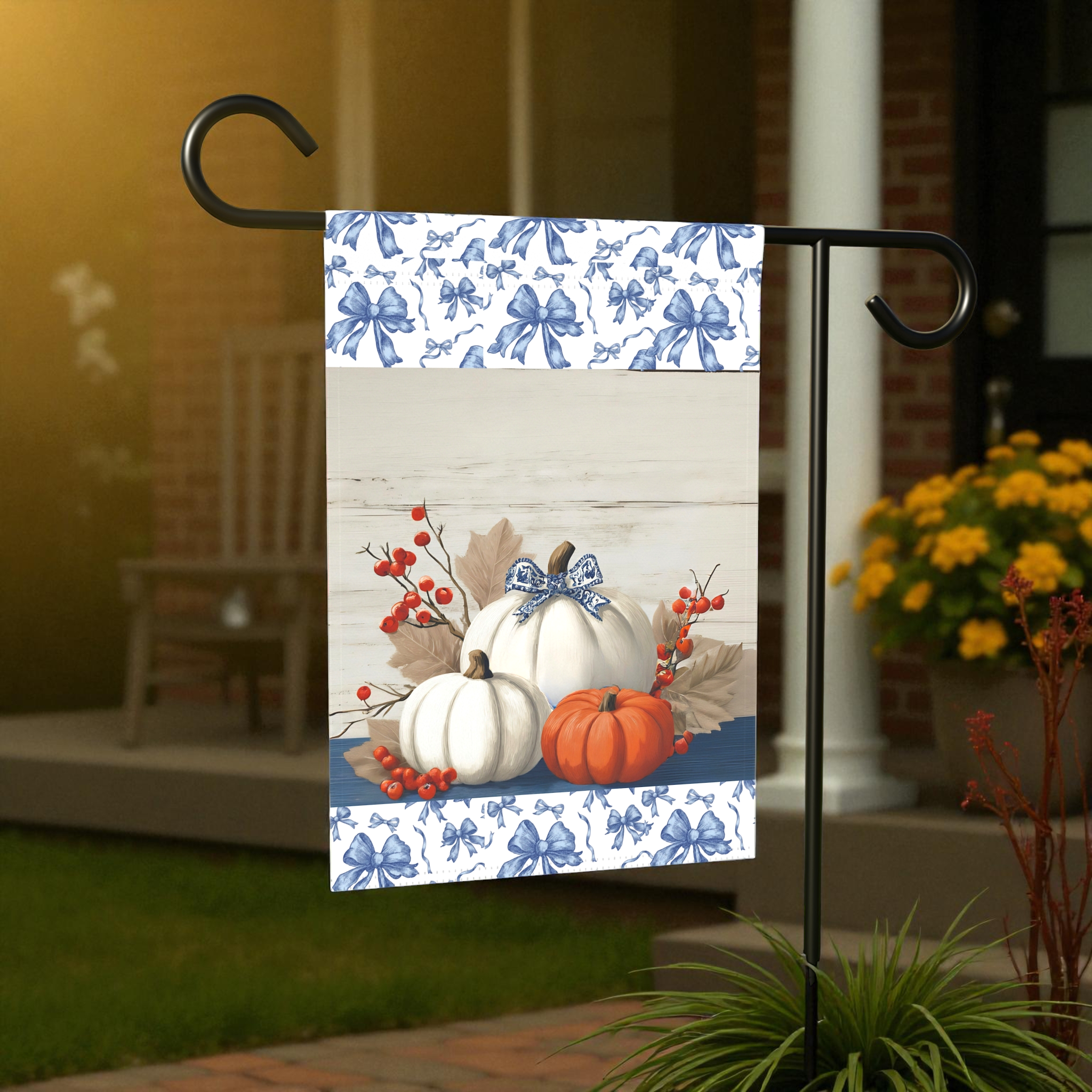 Chinoiseries Bow Pumpkin Garden Flag - size comparison - Dragonfire Gardens