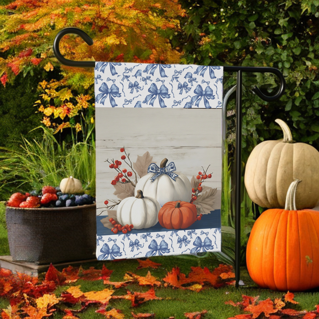 Chinoiseries Bow Pumpkin Garden Flag - lifestyle display - Dragonfire Gardens