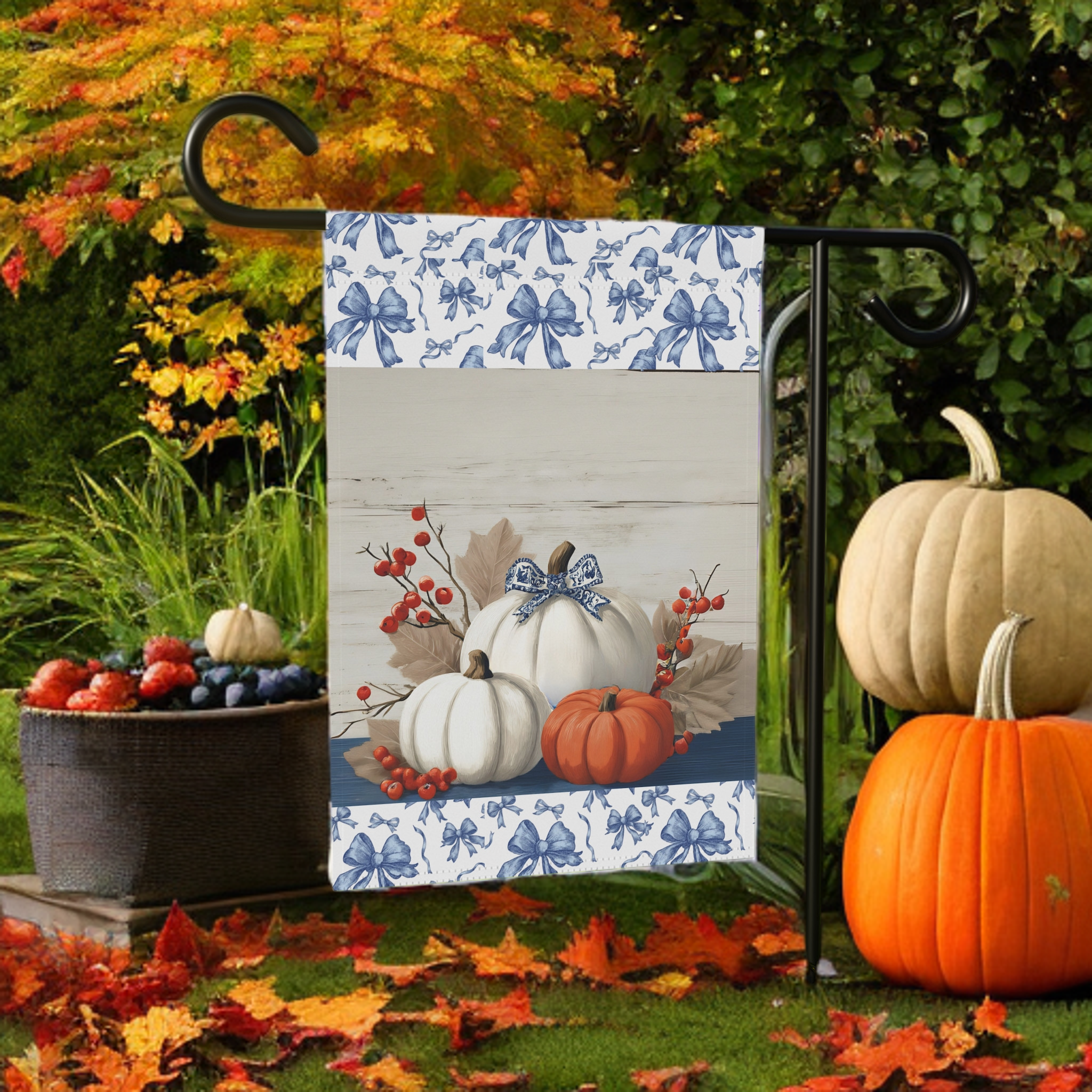 Chinoiseries Bow Pumpkin Garden Flag - lifestyle display - Dragonfire Gardens