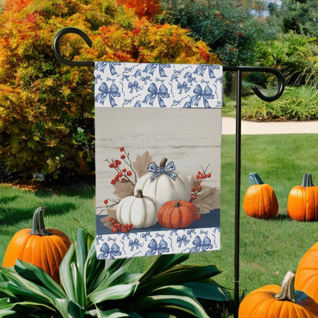 Chinoiseries Bow Pumpkin Garden Flag - front view - Dragonfire Gardens