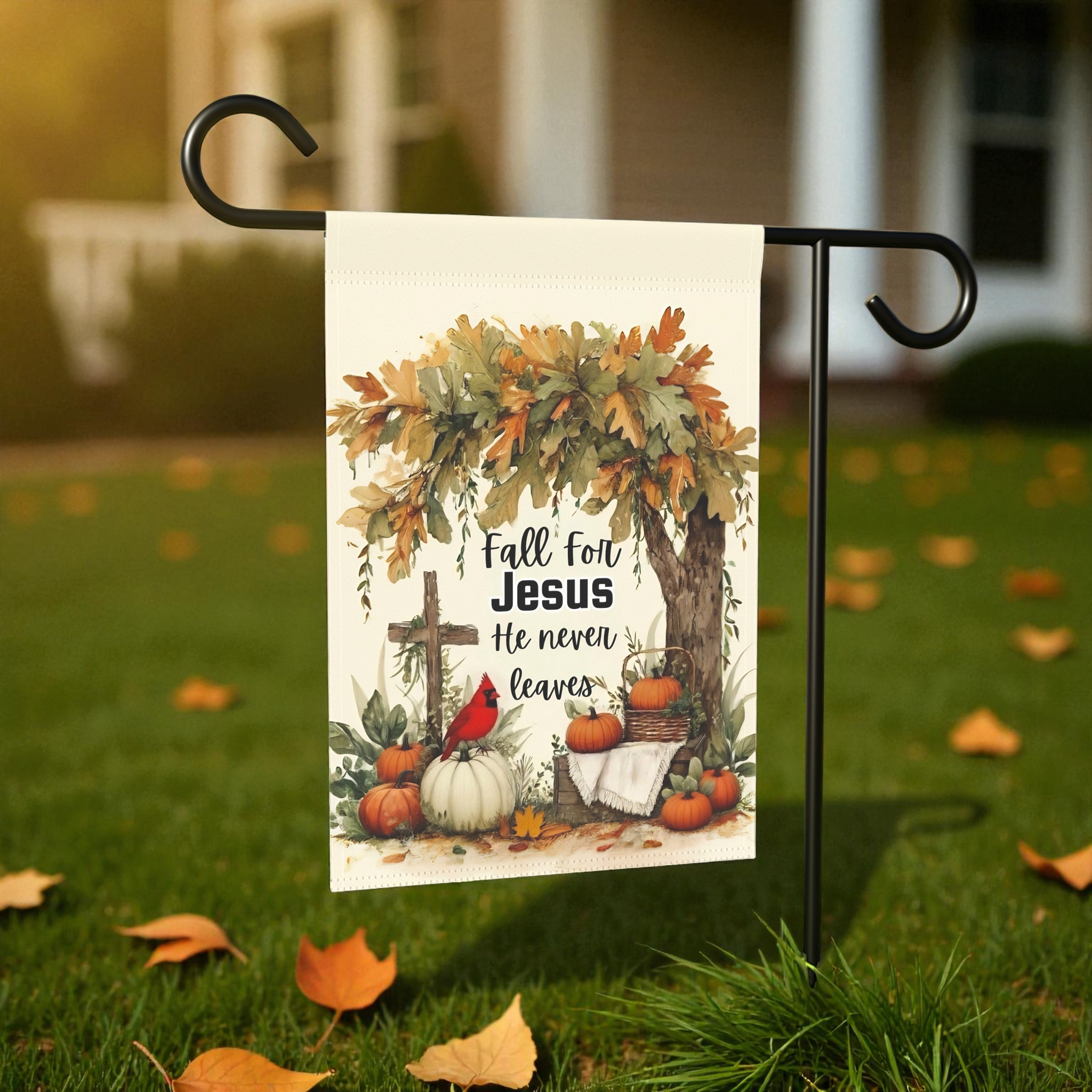 Fall for Jesus He Never Leaves Autumn Garden Flag - size comparison - Dragonfire Gardens