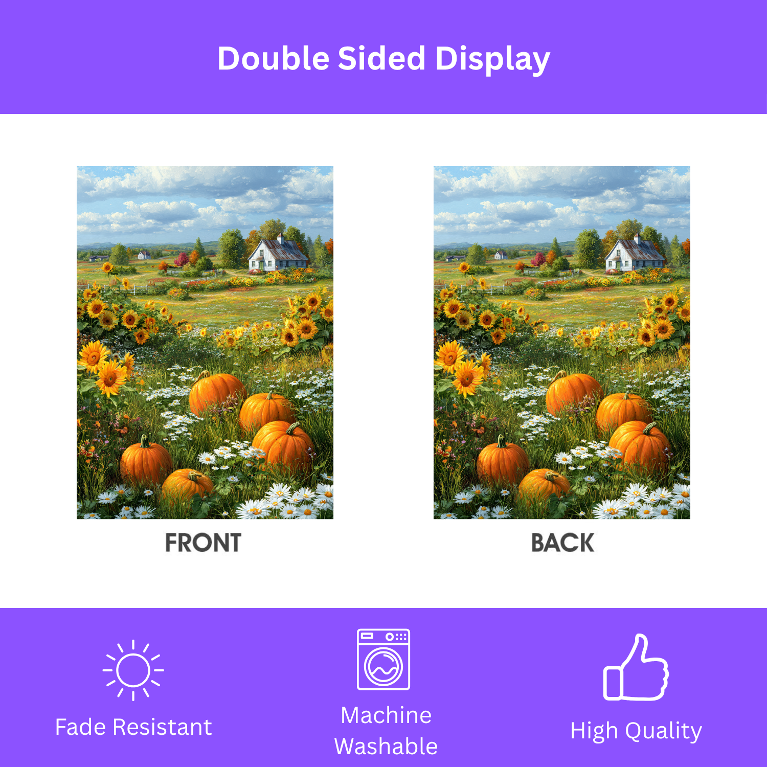 Farm Cottage Pumpkins Garden Flag - size comparison - Dragonfire Gardens