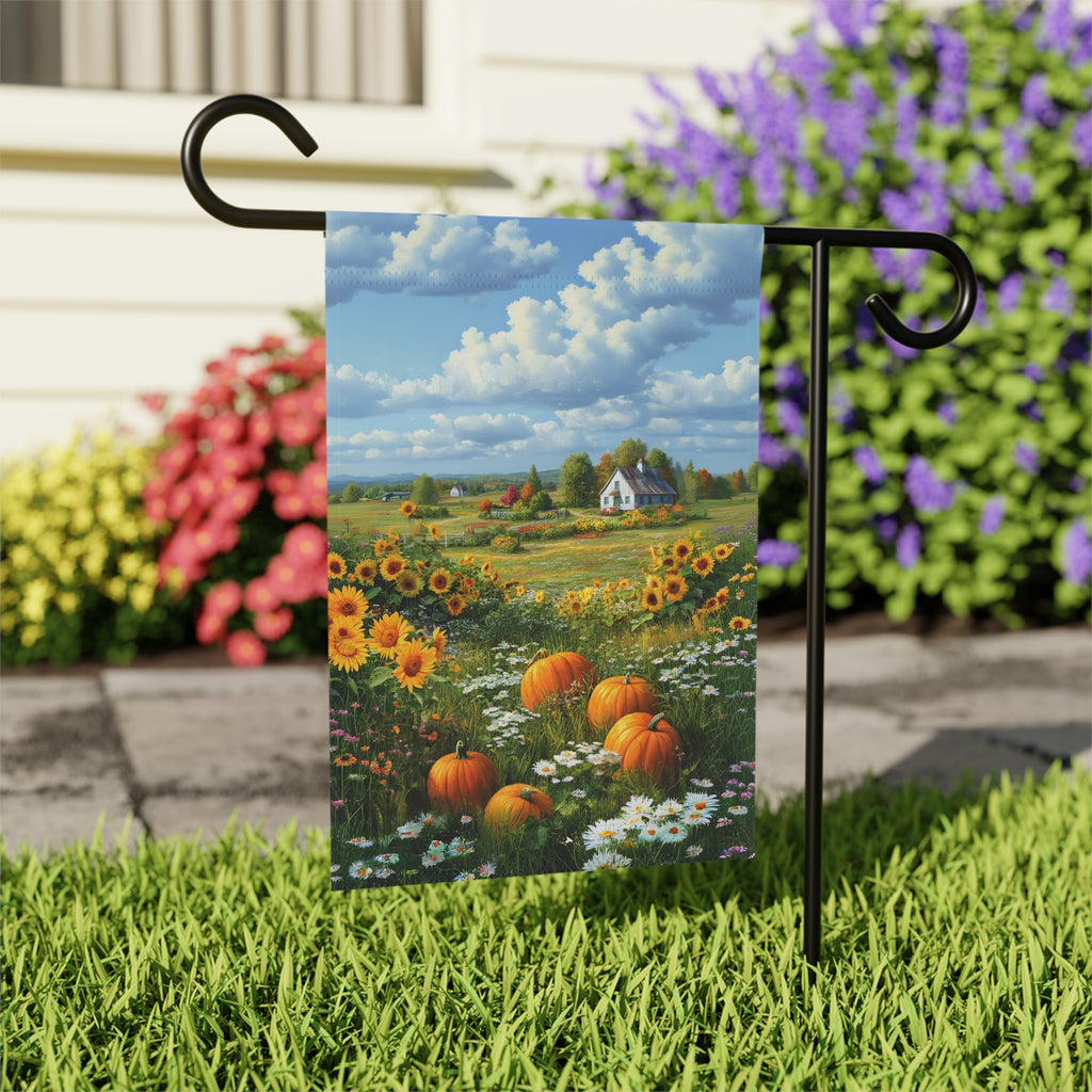 Farm Cottage Pumpkins Garden Flag - outdoor display - Dragonfire Gardens